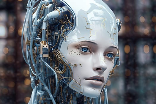 Cyborg or digitally improved human. Artificial intelligence and technology concept with advanced woman. Generated AI