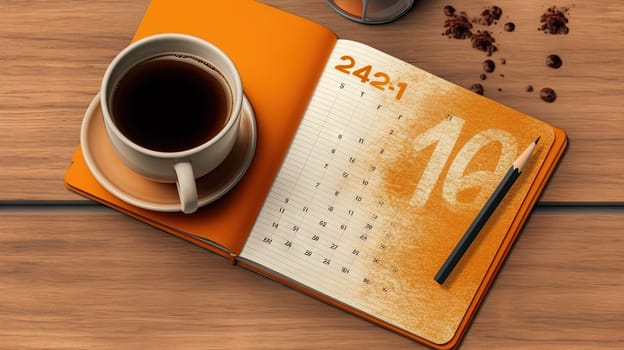 Cup of coffee and notepad with pen composition, top view. Generated AI