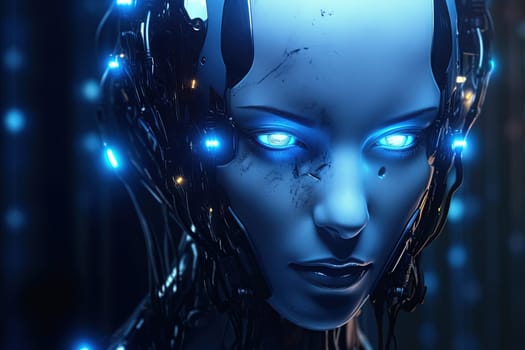 Android or cybernetic human with neon blue eyes. Sci-fi concept of futuristic cyberpunk robot. Generated AI.