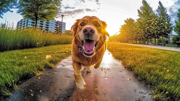 Happy playful dog having fun in the city park. Puppy playing shot on fisheye camera. Generated AI