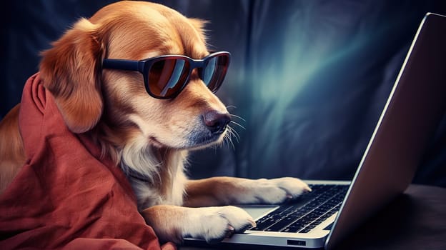 Dog works with the laptop. Remote work or freelance concept with funny puppy. Generated AI