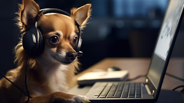 Dog works with the laptop. Remote work or freelance concept with funny puppy. Generated AI