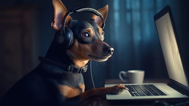 Dog works with the laptop. Remote work or freelance concept with funny puppy. Generated AI