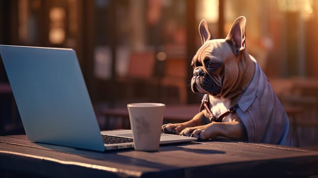Dog works with the laptop. Remote work or freelance concept with funny puppy. Generated AI