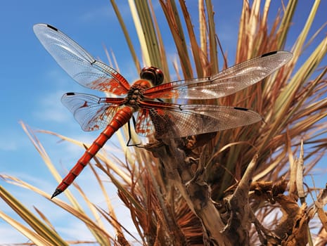 Red dragonfly sitting on the dry plants. Big abstract insect colse up view. Generated AI