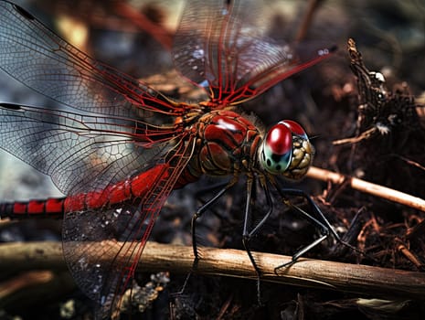 Red dragonfly sitting on the dry plants. Big abstract insect colse up view. Generated AI