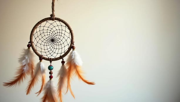 Dreamcatcher with colorful feathers and intricate web design for calm and mystical experience. Generated AI.