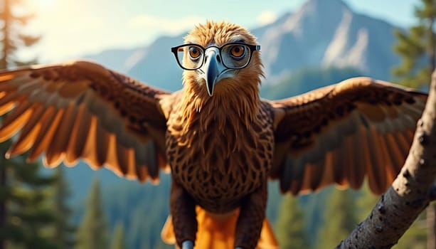 Close-up of a majestic eagle wearing glasses against a mountain landscape. Generated AI.