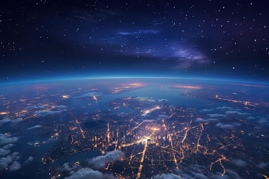 Futuristic city aerial view at night. Structure of sci-fi metropolis with neon lights from the bird view. Generated AI.