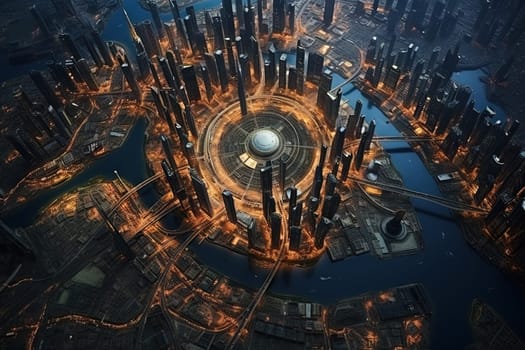 Futuristic city aerial view at sunny day. Round structure of sci-fi metropolis from the bird view. Generated AI.