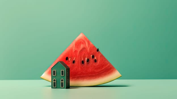 Juicy red watermelon slice on teal background. Summer sweet fruit. Generated AI