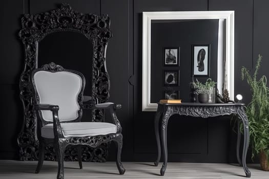 Black vintage ornate frame in classic style. Dark gothic royal frame in the room. Generated AI