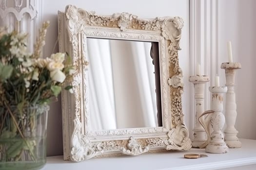 Vintage frame with royal or art nouveau ornament standing by the wall. Generated AI.