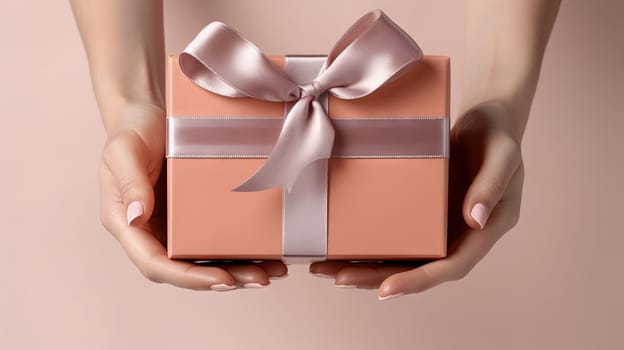 Woman hands holding the gift, presenting the box with bow. Generated AI