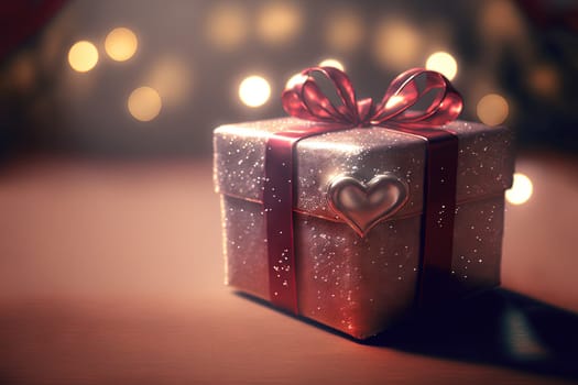 Cute and cozy gift box with ribbon. Gift box on shiny bokeh background. Generated AI