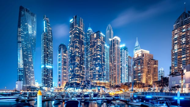 the skyline of the dubai marina at night