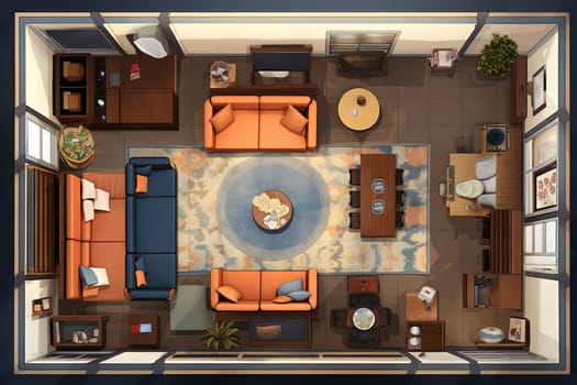 Living room with desk, sofa and other furniture view from above. Casual interior top view. Generated AI