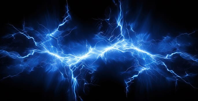 Shiny lightnings composition on the dark background. Abstract energy strike ornament in the thunderstorm. Generated AI