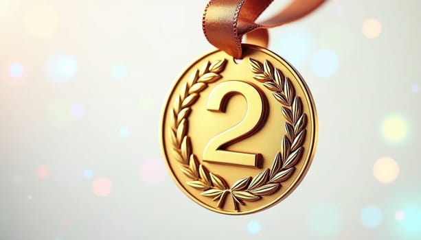 Golden second place medal with laurel wreath detail and ribbon. Generated AI.