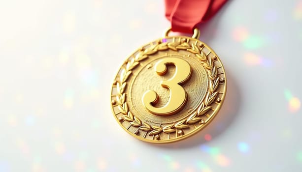 Golden third place medal with laurel wreath detail and ribbon. Generated AI.