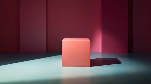 Pedestal in colorful room with shadows on the wall. Rich colored podium scene for product display. Generated AI