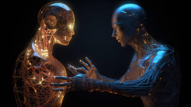 Couple of robots in romantic conversation. AI technology and innovation in a futuristic virtual environment. Generated AI