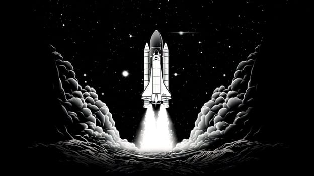 Rocket launch scene in retro black and white style. Rocket take off illustration. Generated AI