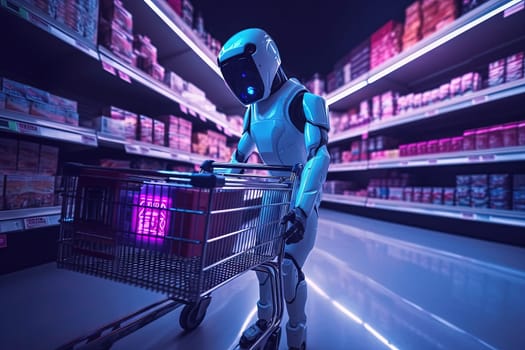 Robot ordering fresh fruits and vegetables in a synthwave styled supermarket with neon lights, future retail and delivery technology. Generated AI