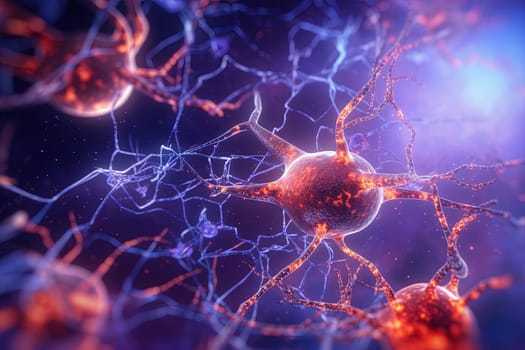 Science and medicine abstraction with neurons transmitting synapse signal. Neural system with impulse going through nerve cells. Generated AI