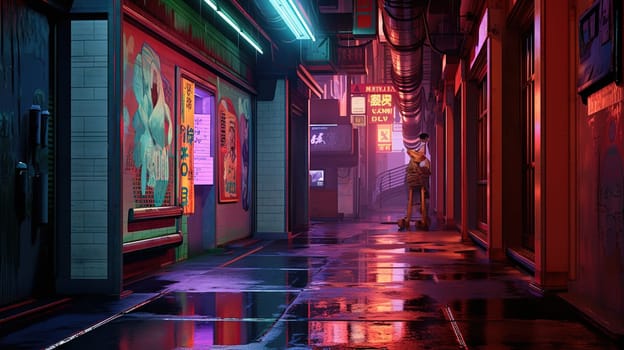 Cyberpunk street with glowing neon ads in sci-fi city. Futuristic cyberpunk street in the neighborhood. Generated AI.