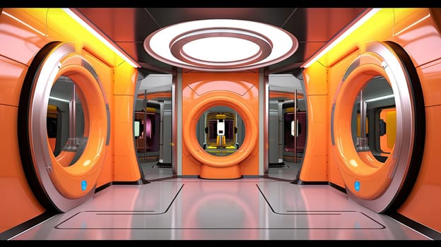 Spaceship or lab interior in retro futuristic sci-fi style with round doors. Generated AI