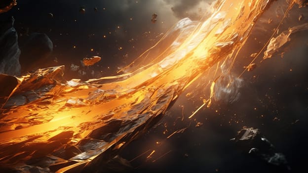 Abstract explosion in space with rocks and stones burst in flame, sci-fi and technology background. Generated AI.