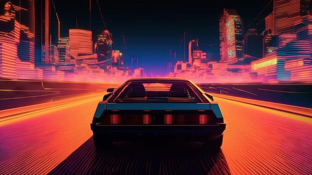 Car ride on the neon road in 80s retro synthwave style. Generated AI
