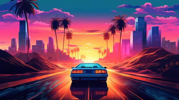 Car ride on the morning road in 80s retro synthwave or 00s vaporwave style. Generated AI