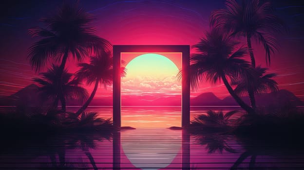 Mysterious door or portal with neon light in the jungle in synthwave style. Generated AI