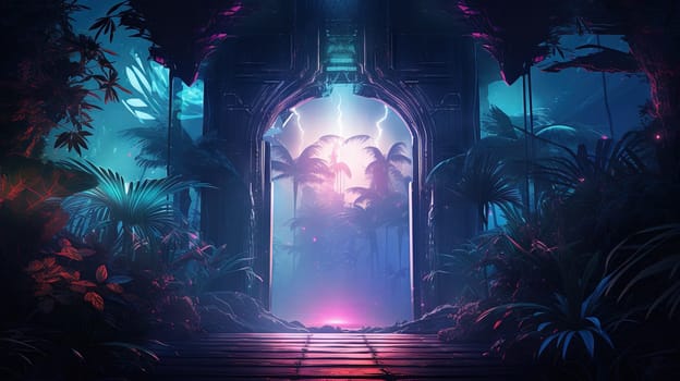 Mysterious door or portal with neon light in the jungle in synthwave style. Generated AI