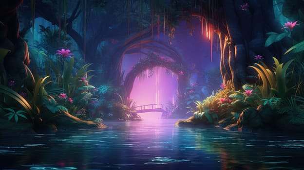 Magic forest with blue and purple neon colors and glowing. Mysterious pathway in the jungle. Generated AI