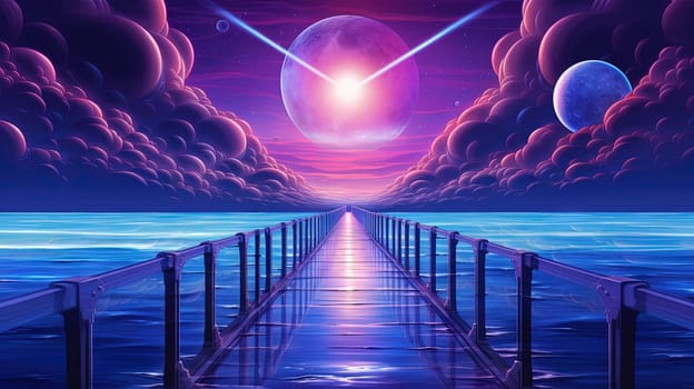 Synthwave styled pier, a bridge to the horizon in purple and blue lights. Generated AI