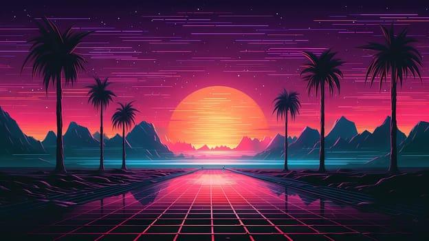 Road to horizon in synthwave style. 80s styled purple and blue synthwave highway landscape. Generated AI
