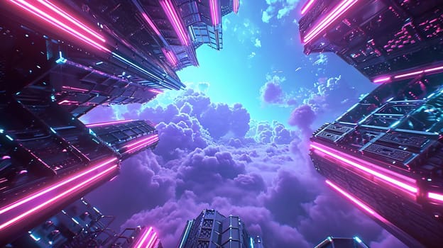 Vibrant sci-fi scene with synthwave styled towers in breathtaking perspective. Futuristic cyberpunk city in blue and purple colors. Generated AI