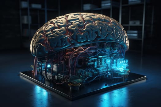 Artificial intelligence science concept with technological AI brain on the circuit board. Generated AI