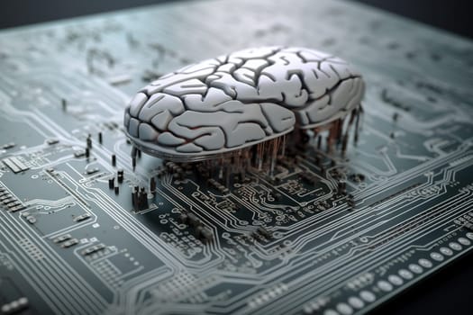 Artificial intelligence science concept with technological AI brain on the circuit board. Generated AI