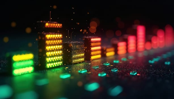 Colorful LED audio bars glowing in red, green, and yellow on a futuristic grid surface, symbolizing digital sound and data analysis. Generated AI.