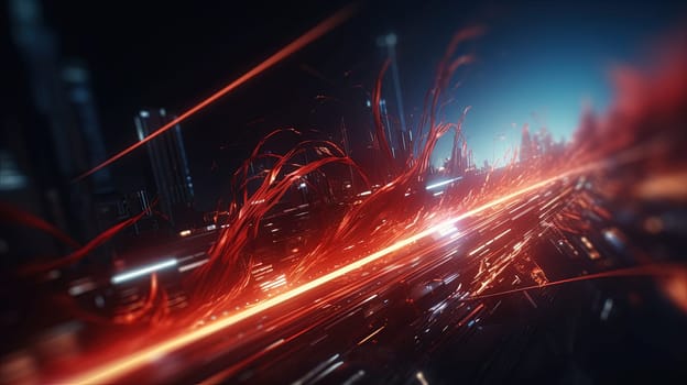 Abstract technology burst with glowing wires and particles in motion. Technology and science dynamic background. Generated AI