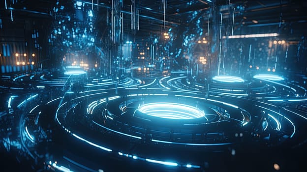 Technology abstract background with hud styled round interface elements in neon tech light. Generated AI