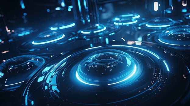 Technology abstract background with hud styled round interface elements in neon tech light. Generated AI