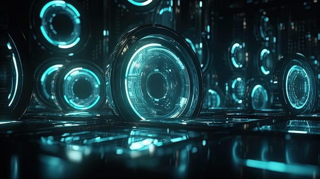 Technology abstract background with hud styled round interface elements in neon tech light. Generated AI