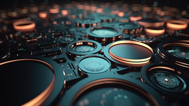 Technology abstract background with hud styled round interface elements in neon tech light. Generated AI