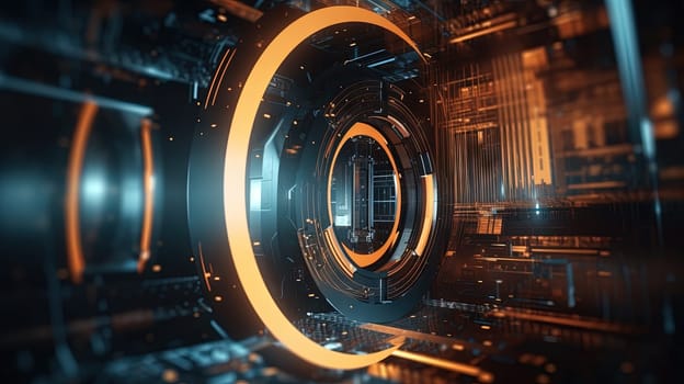 Technology abstract background with hud styled round interface elements in neon tech light. Generated AI