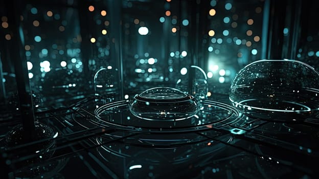 Technology abstract background with hud styled round interface elements in neon tech light. Generated AI